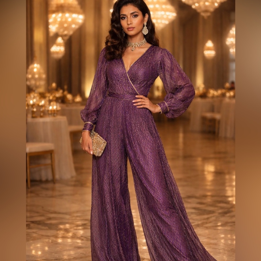 Garment jumpsuit sequins purple jumpsuit with long sleeve V-neck Sz m